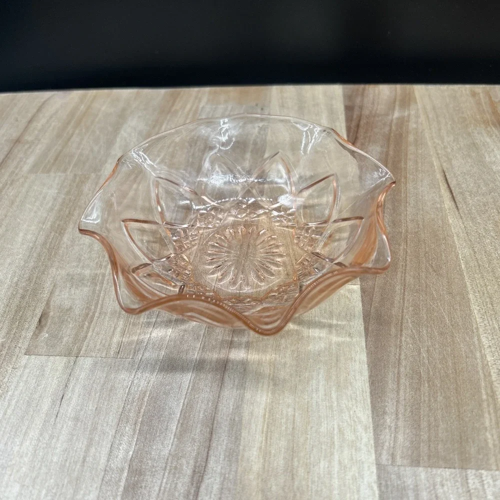 VTG Pink 5 Inch Glass Bowl. Hand Cut Base With Smooth Fluted Edges. Mint.